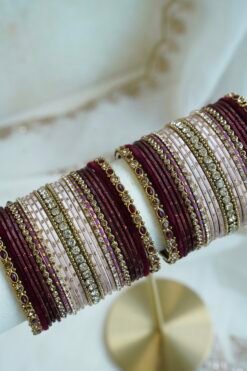 Maroon velvet blush bangle set with ruby and crystal stone accents, South Asian festive jewelry