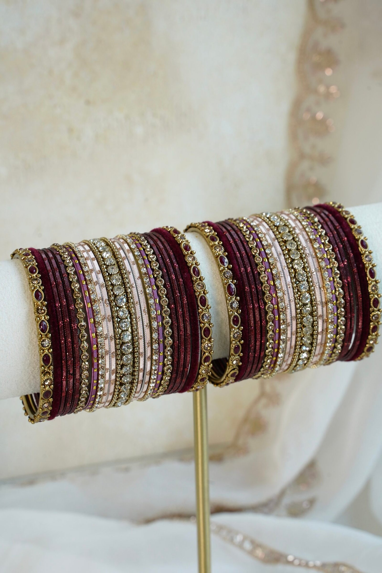 Maroon velvet blush bangle set with ruby and crystal stone accents, South Asian festive jewelry