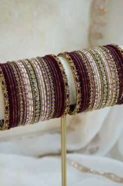 Maroon velvet blush bangle set with ruby and crystal stone accents, South Asian festive jewelry