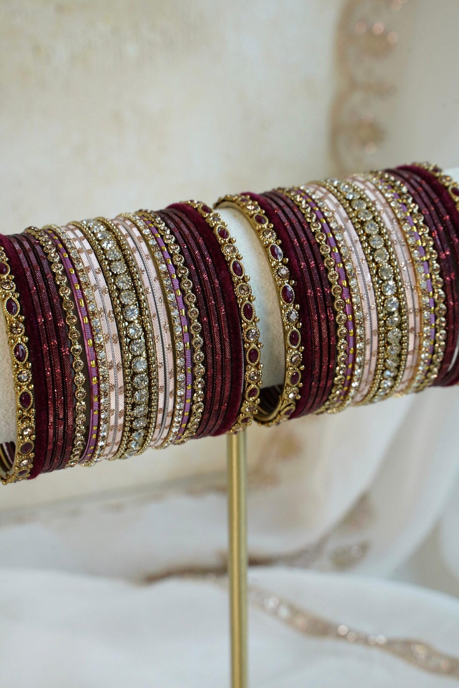 Maroon velvet blush bangle set with ruby and crystal stone accents, South Asian festive jewelry