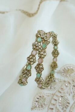 Mint Pink Floral Bangle Set of 2 with silver-tone floral clusters and pink and mint stone accents