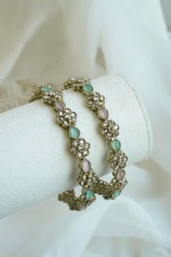 Mint Pink Floral Bangle Set of 2 with silver-tone floral clusters and pink and mint stone accents