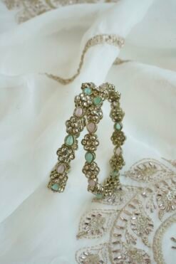 Mint Pink Floral Bangle Set of 2 with silver-tone floral clusters and pink and mint stone accents