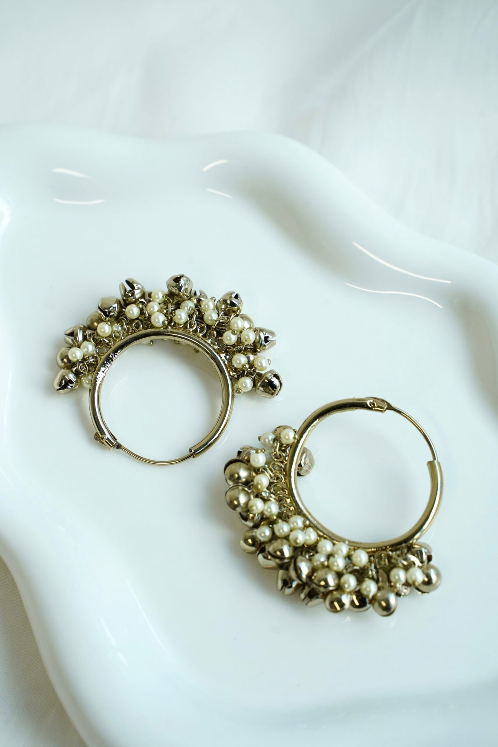 Pearl ghungroo hoops with pearl beads and chiming bells, South Asian festive jewelry