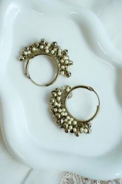 Pearl ghungroo hoops with pearl beads and chiming bells, South Asian festive jewelry