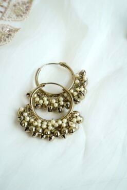 Pearl ghungroo hoops with pearl beads and chiming bells, South Asian festive jewelry