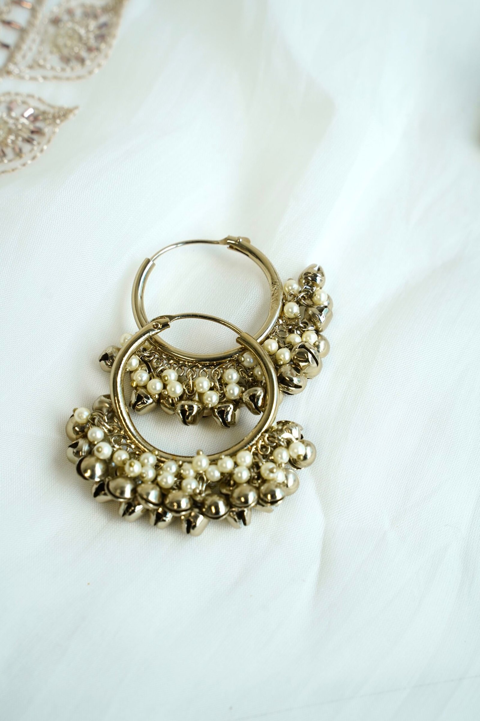 Pearl ghungroo hoops with pearl beads and chiming bells, South Asian festive jewelry