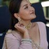 Aaliyah pastel antique gold choker set with pearl beaded band, jhumka earrings, and tikka