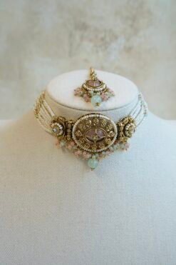 Aaliyah pastel antique gold choker set with pearl beaded band, jhumka earrings, and tikka