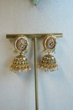 Aaliyah pastel antique gold choker set with pearl beaded band, jhumka earrings, and tikka
