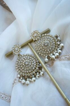 Alaya white zircon necklace set with beaded drops, earrings, and tikka in antique gold tone