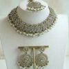 Alaya white zircon necklace set with beaded drops, earrings, and tikka in antique gold tone