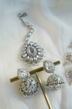 Amyra silver choker necklace set with clear stones, pendant drop, tikka, and jhumka earrings