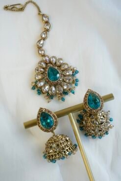 Amyra teal choker necklace set with pendant drop, tikka, and jhumka earrings in antique gold tone