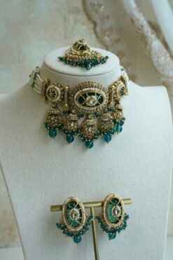 Ameera artificial kundan choker set in teal with earrings and tikka