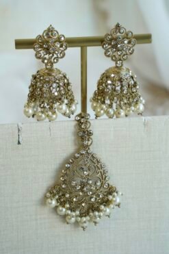 Mahi jhumka earrings and tikka set in off-white pearl