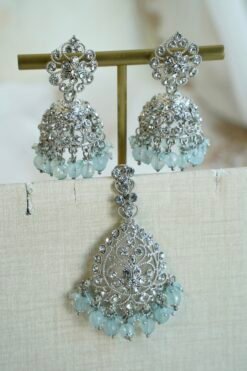 Mahi jhumka earrings and tikka set in silver and light blue