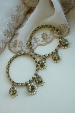 Pastel blush pink and dove gray stacked bangle set with beaded edges, champagne teardrop stones, and hanging jhumka charms