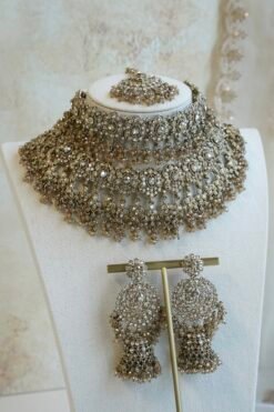 Zahra crystal bridal set with double layer fringe choker, tikka, and jhumka earrings