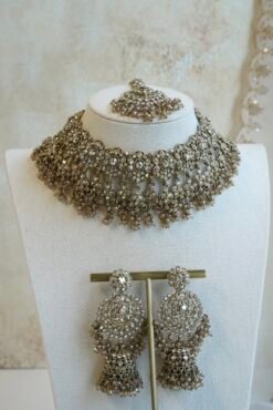 Zahra crystal bridal set with double layer fringe choker, tikka, and jhumka earrings