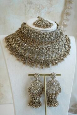 Zahra crystal bridal set with double layer fringe choker, tikka, and jhumka earrings