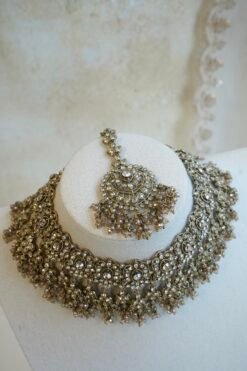 Zahra crystal bridal set with double layer fringe choker, tikka, and jhumka earrings