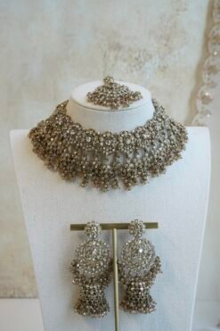 Zahra crystal bridal set with double layer fringe choker, tikka, and jhumka earrings
