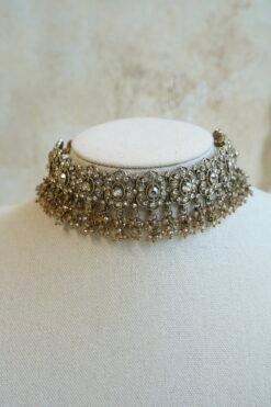 Zahra crystal bridal set with double layer fringe choker, tikka, and jhumka earrings